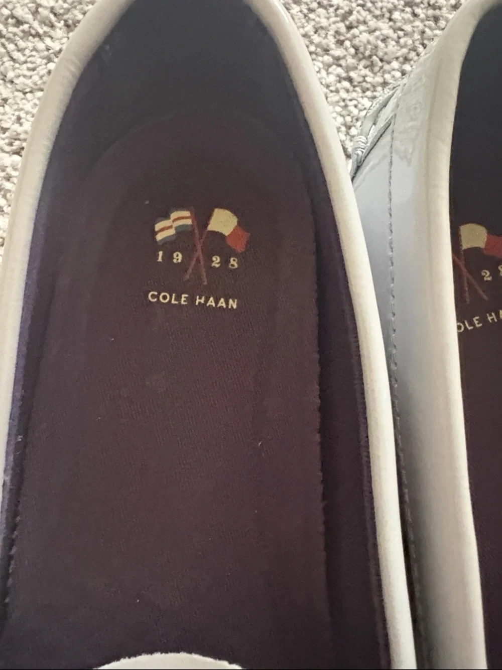 Cole Haan Light Gray Patent Penny Loafers with White Sole